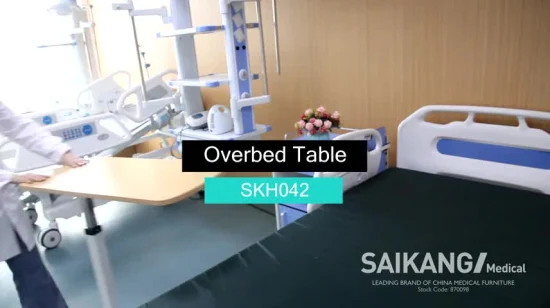 Skh042 Durable Movable Wooden Hospital Furniture Adjustable Medical Overbed Table with Casters